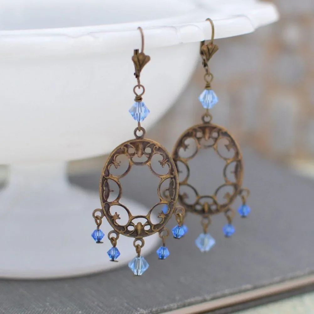 Chandelier Earrings w/Blue Swarovski Crystals